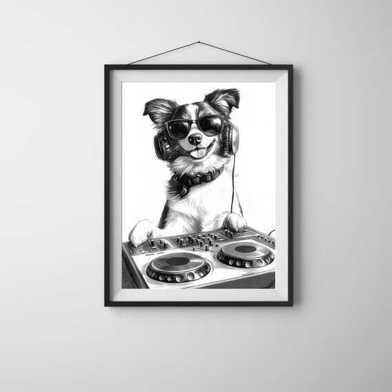 Border Collie DJ With Sunglasses And Headphones At Turntables Art Poster
