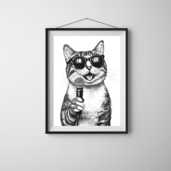 Singing Cat Art Print Funny Rockstar Tabby