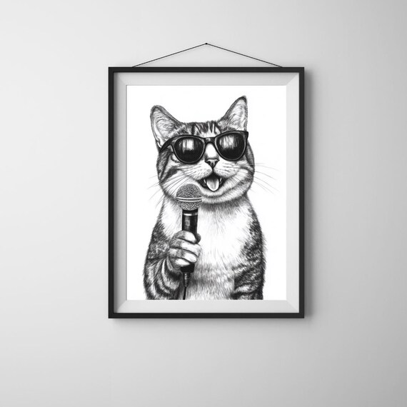Singing Tabby Cat Sunglasses Microphone Black White Rockstar Music Fun Poster