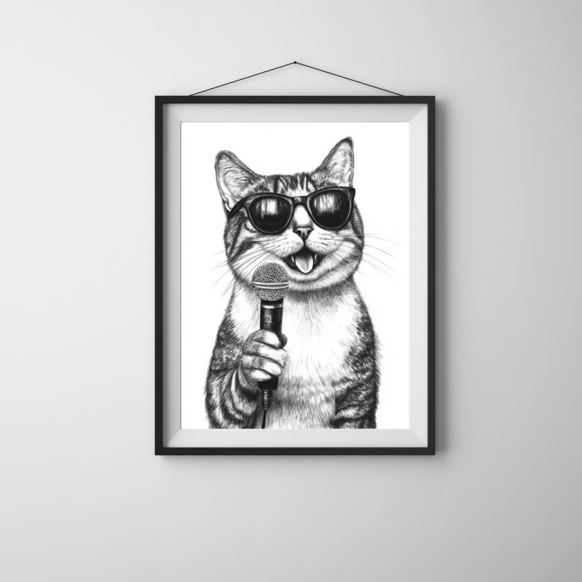Singing Tabby Cat Sunglasses Microphone Black White Rockstar Music Fun Poster