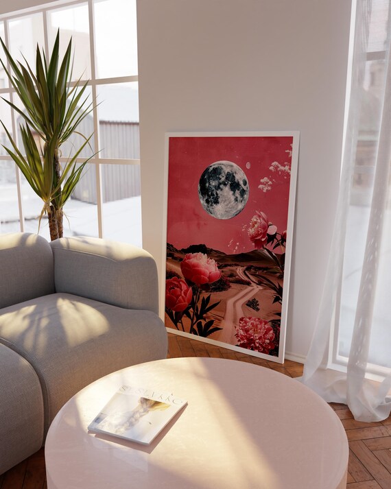 Pink Moon Over Desert Canyon With Giant Red Peonies Celestial Poster