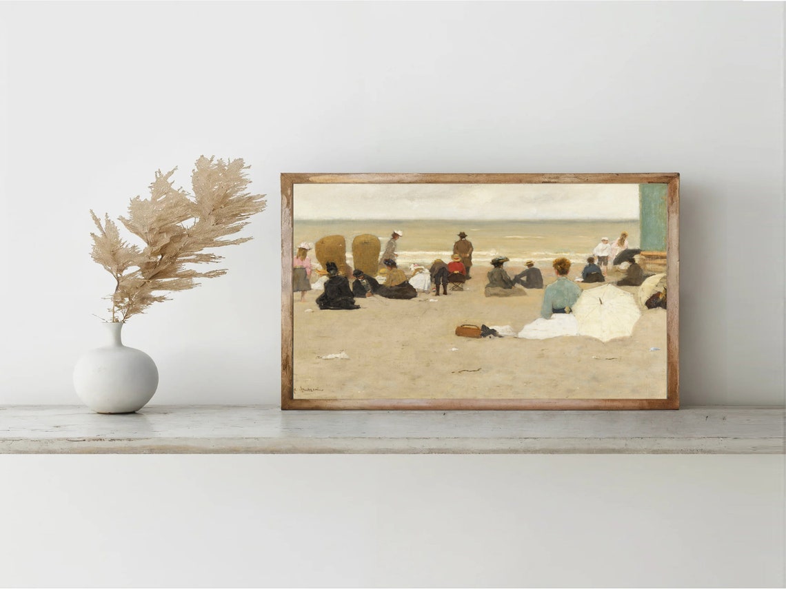 Victorian Beachgoers Relaxing Sand Impressionist Seaside Poster - Image 5