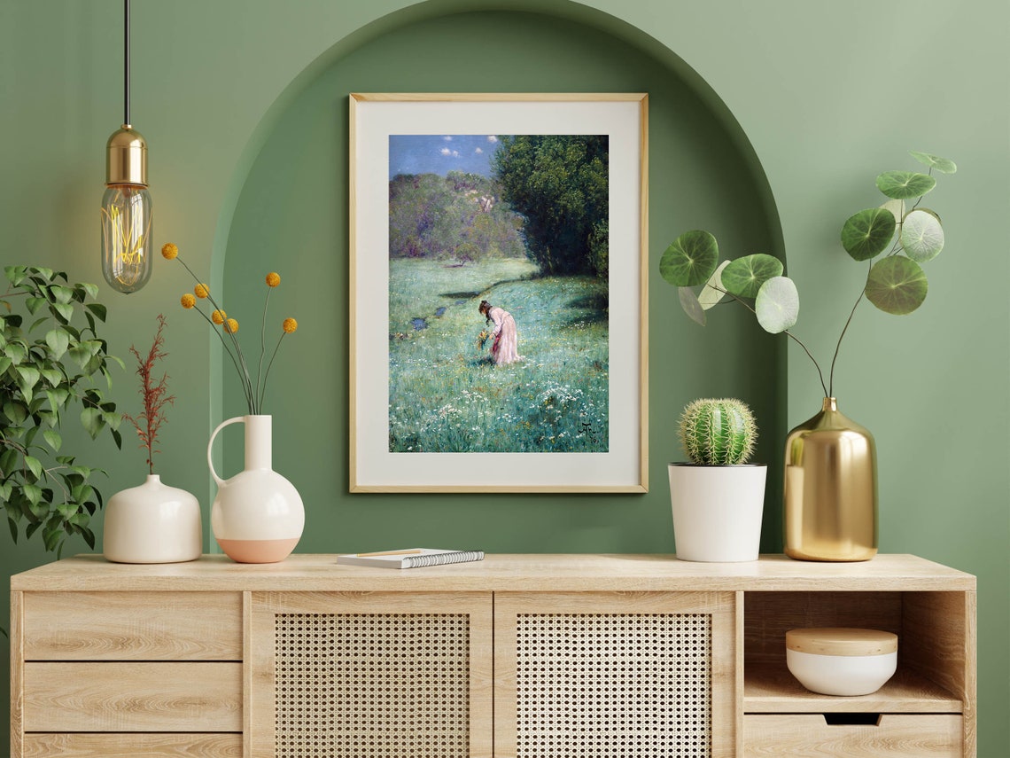 Woman Picking Wildflowers in Meadow Vintage Floral Classic Print - Image 8