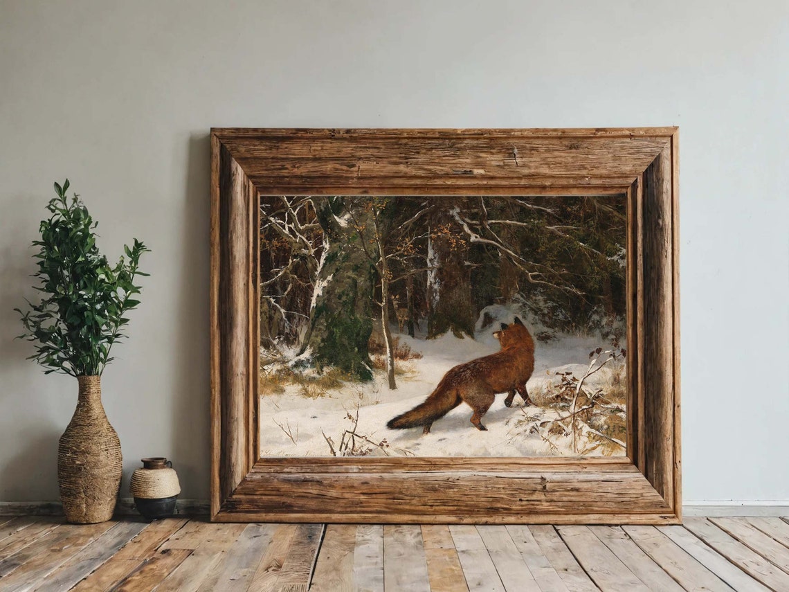 Red Fox Snowy Winter Forest Vintage Wildlife Woodland Painting Poster