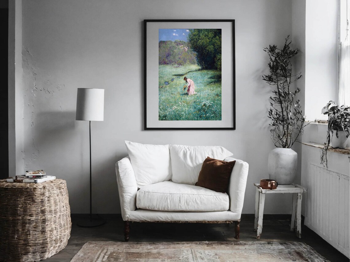 Woman Picking Wildflowers in Meadow Vintage Floral Classic Print - Image 5