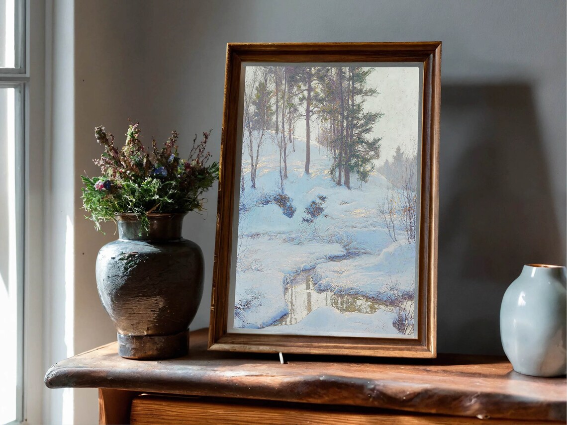 Snowy Pine Forest Stream Winter Landscape Impressionist Painting Poster - Image 5