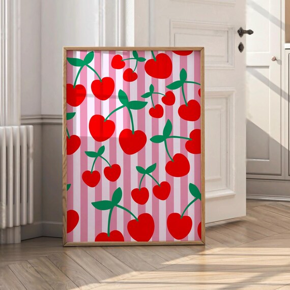 Cherry Pattern Pink Striped Playful Fruit Kitchen Decor Poster