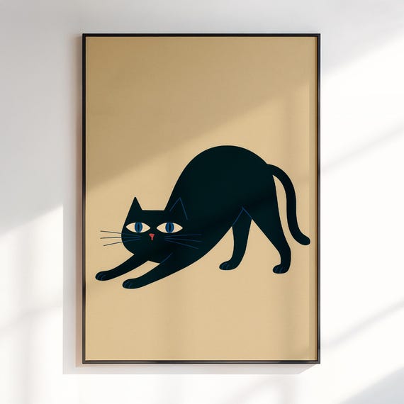 Black Cat In Downward Dog Stretch Funny Yoga Illustration Poster