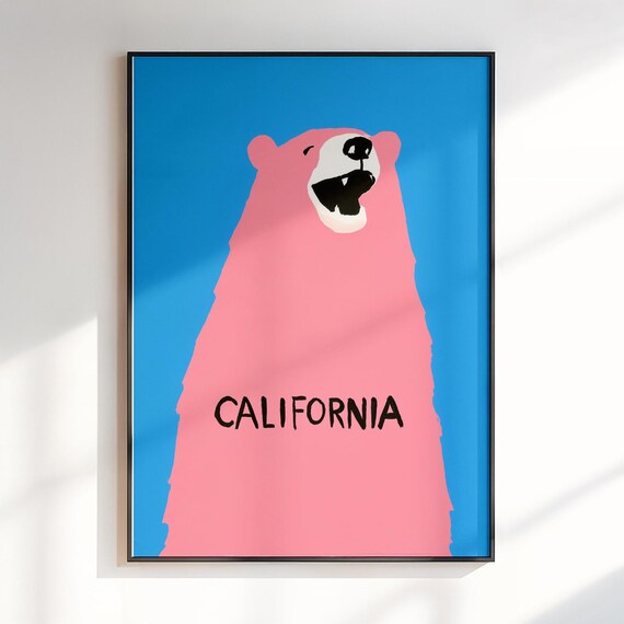 Pink Bear With California Text Playful Pop Art Animal Poster
