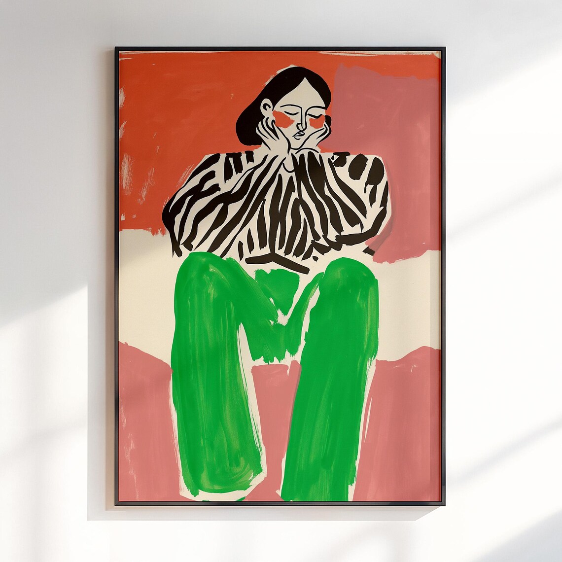 Bold Maximalist Woman Portrait in Zebra Top Coral Style Poster