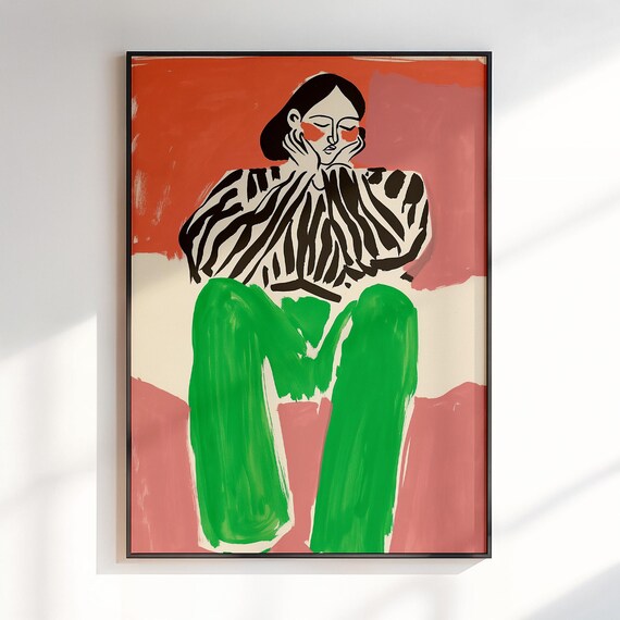 Bold Maximalist Woman Portrait in Zebra Top Coral Style Poster