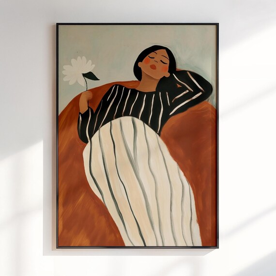 Reclining Woman White Flower Maximalist Illustration Boho Art Poster