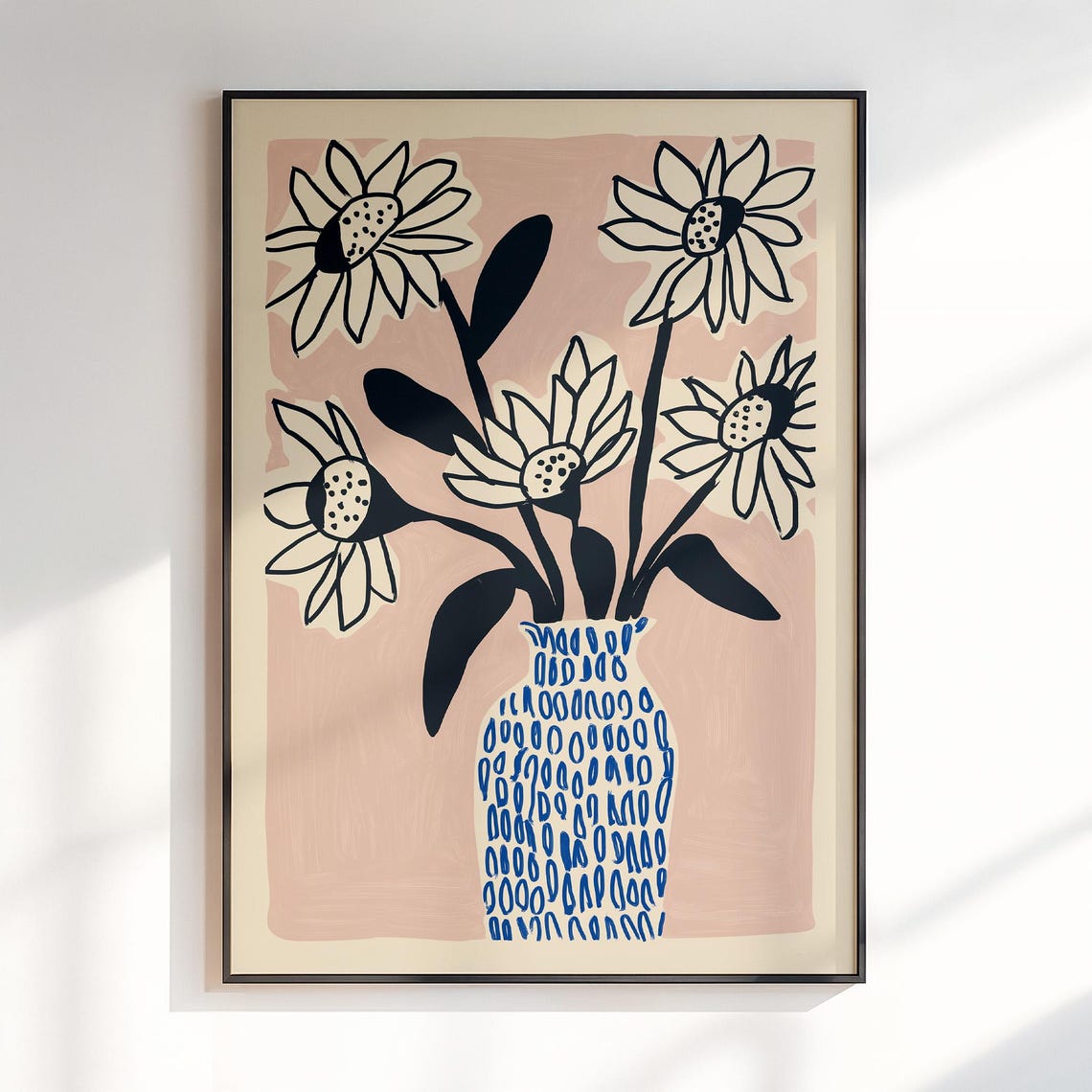 Sunflowers in Blue Patterned Vase Hand Drawn Modern Floral Poster