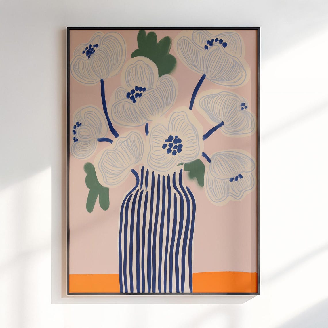 White Flowers Blue Striped Vase Pink Modern Floral Art Poster