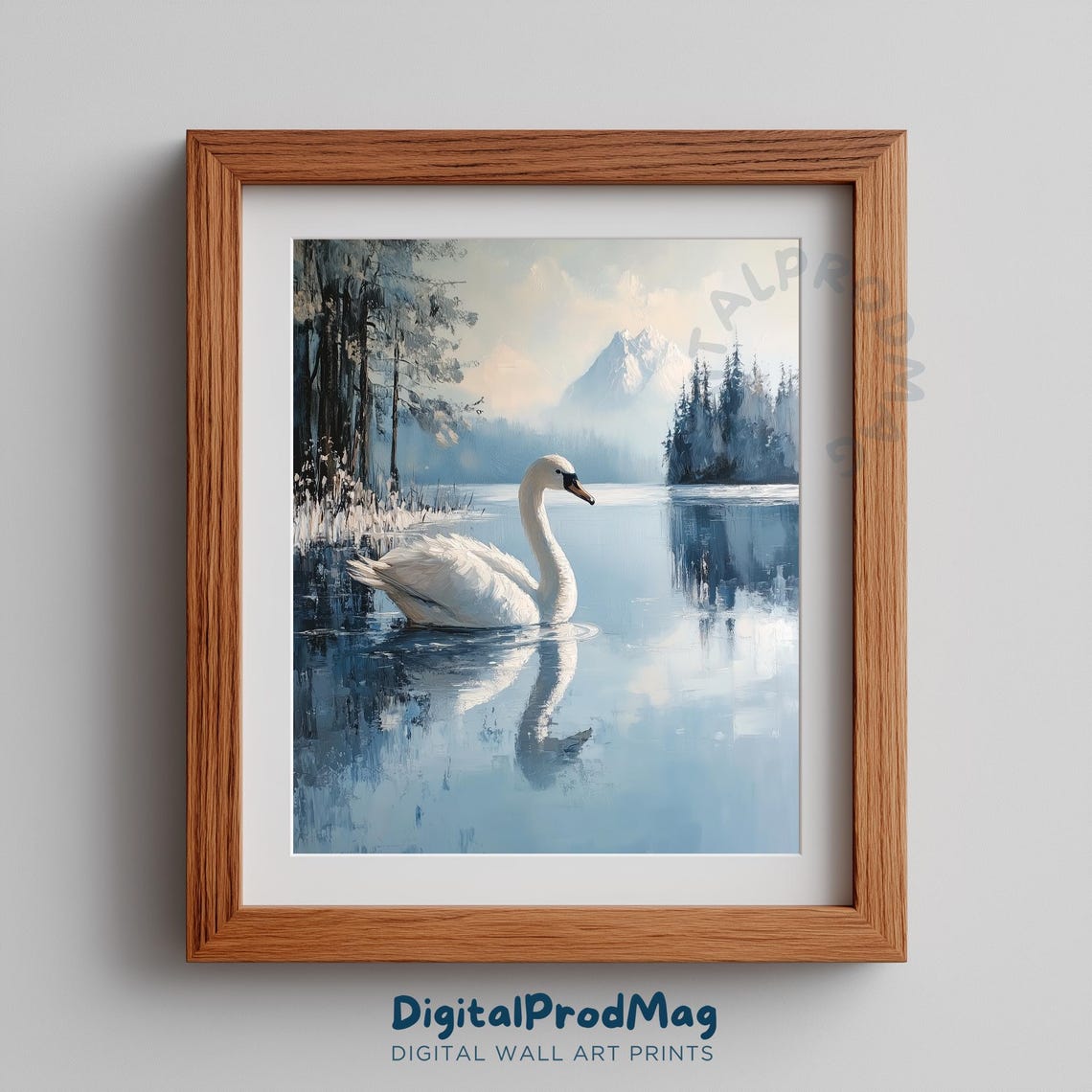 White Swan Winter Lake Painting Snowy Mountains Misty Pines Print
