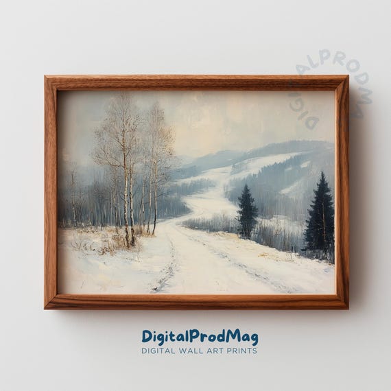 Winter Holiday Snowy Country Road Print Serene Scene With Birch Trees And Pines Moody Vintage Farmhouse Decor Art 3