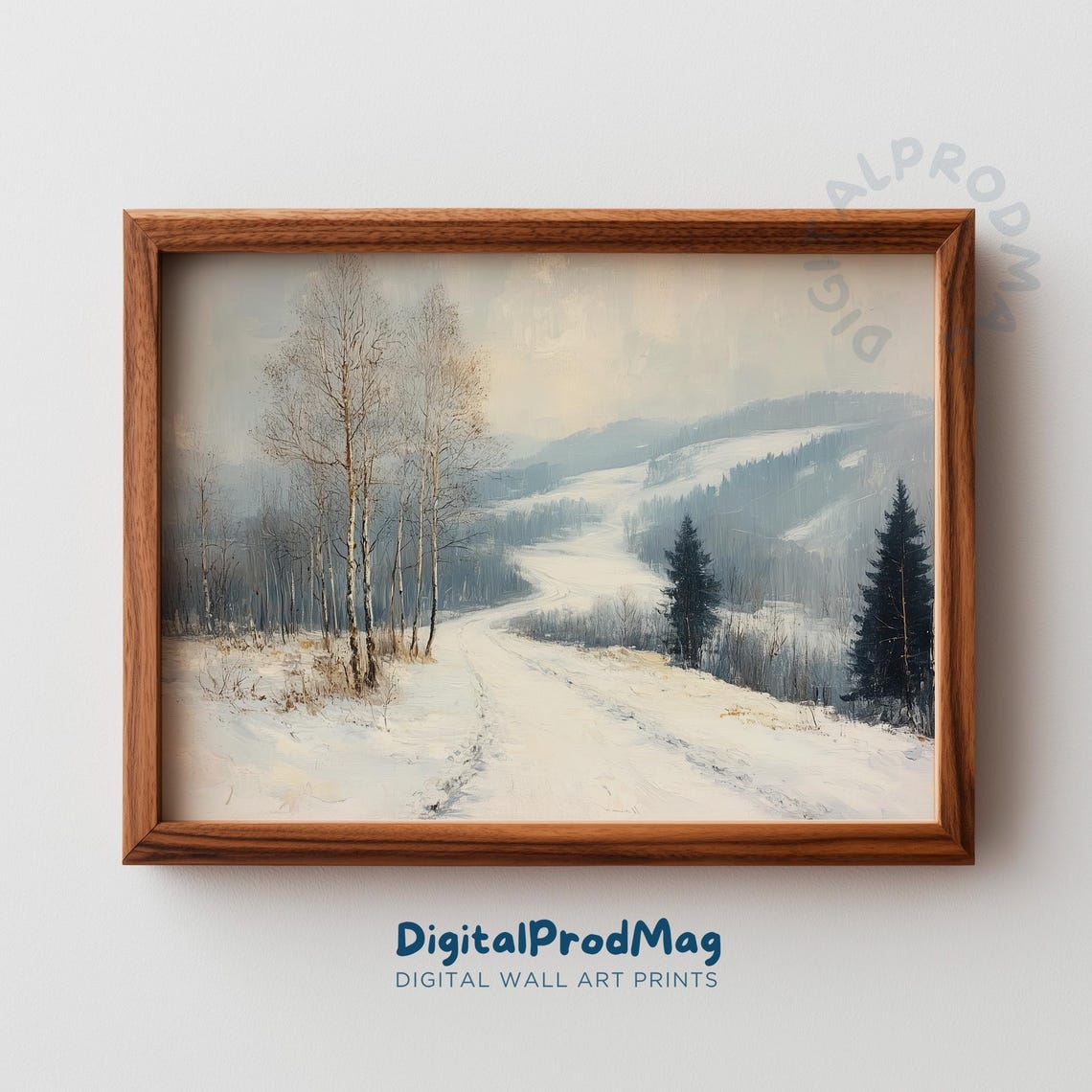 Winter Snowy Country Road Birch Trees Moody Vintage Landscape Print