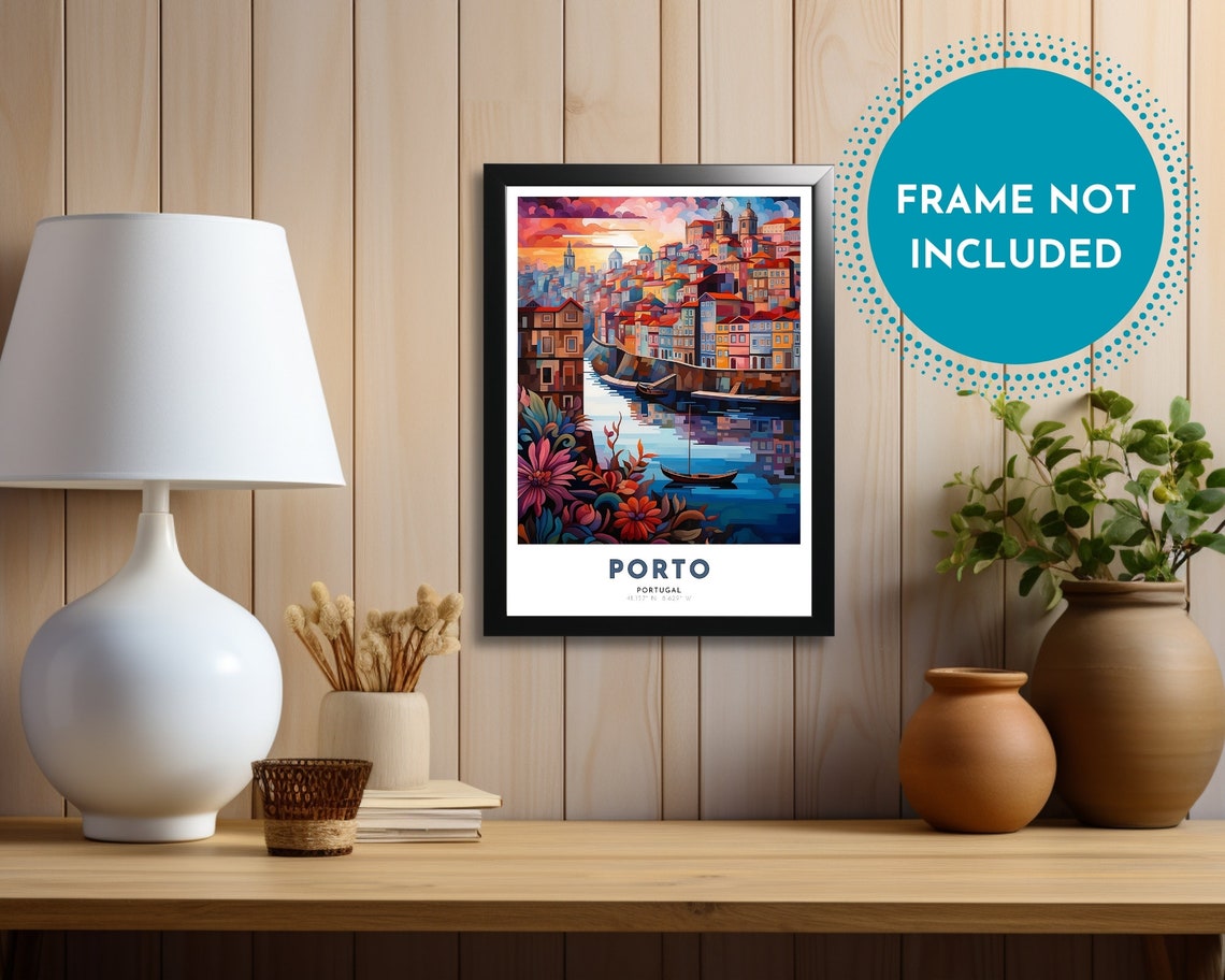 Porto Portugal Riverside Boats Hillside Sunset Travel Poster - Image 3