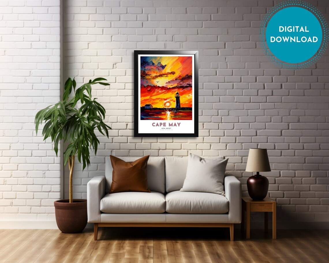 Cape May New Jersey Lighthouse Sunset Ocean Waves Fiery Sky Travel Poster - Image 4