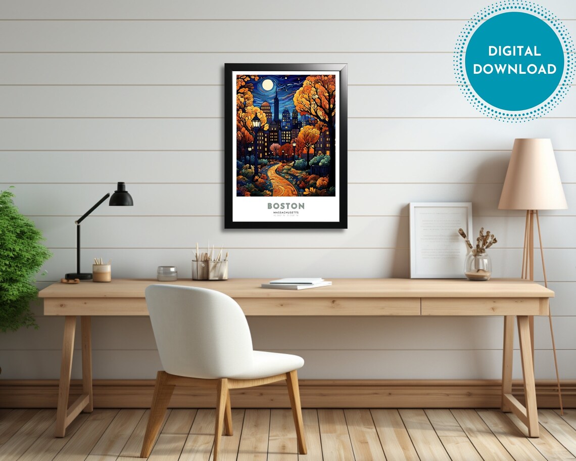 Boston Massachusetts Autumn Night City Park Moonlight Travel Poster - Image 2