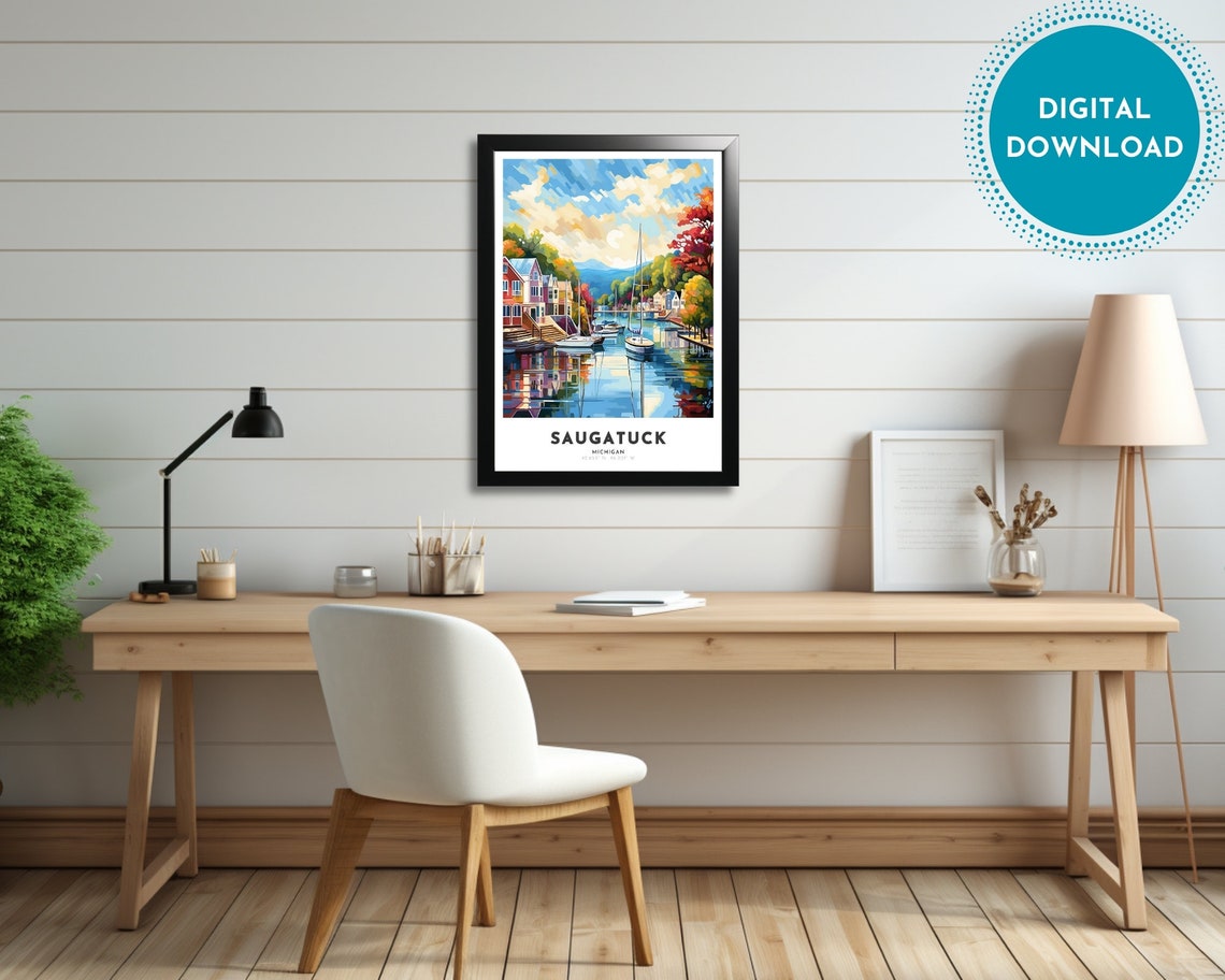 Saugatuck Travel Poster Of Michigan Art Nouveau Gift For Lovers Of Saugatuck Michigan Wall Art Decor Of Saugatuck Painting - Image 2