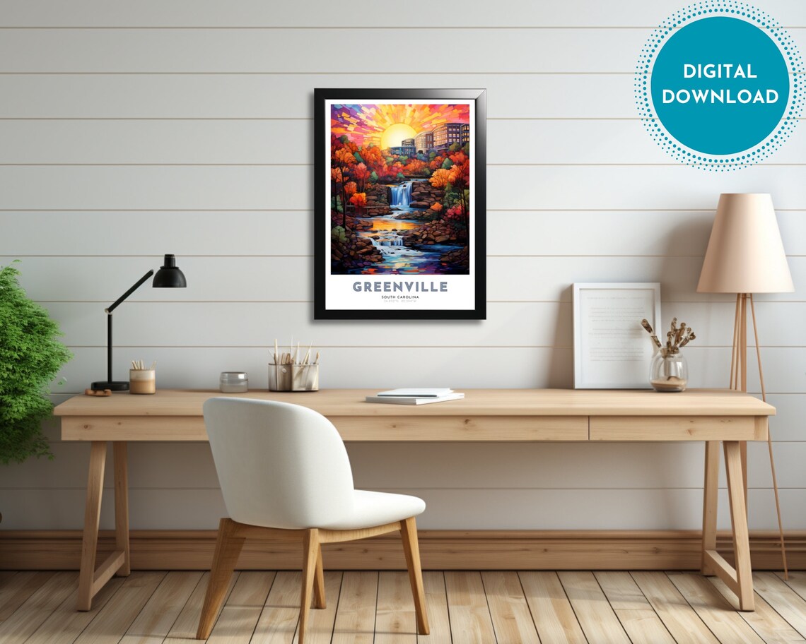 Greenville South Carolina Downtown Waterfall Sunset Travel Poster - Image 3