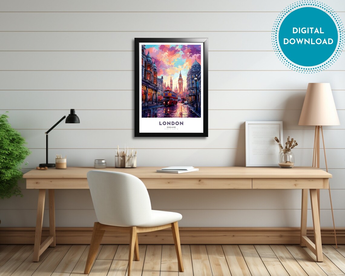 London England Red Bus Big Ben Sunset Rain Street Travel Poster - Image 3