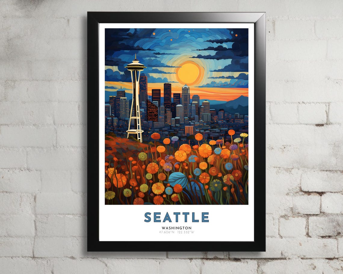 Seattle Travel Poster Of Washington Art Nouveau Gift For Lovers Of Seattle Washington Wall Art Decor Print Of Puget Sound Painting
