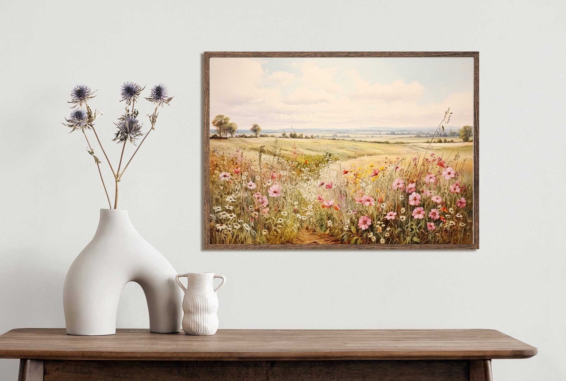 Pink Cosmos Wildflower Meadow Vintage Summer Field Landscape Poster - Image 5