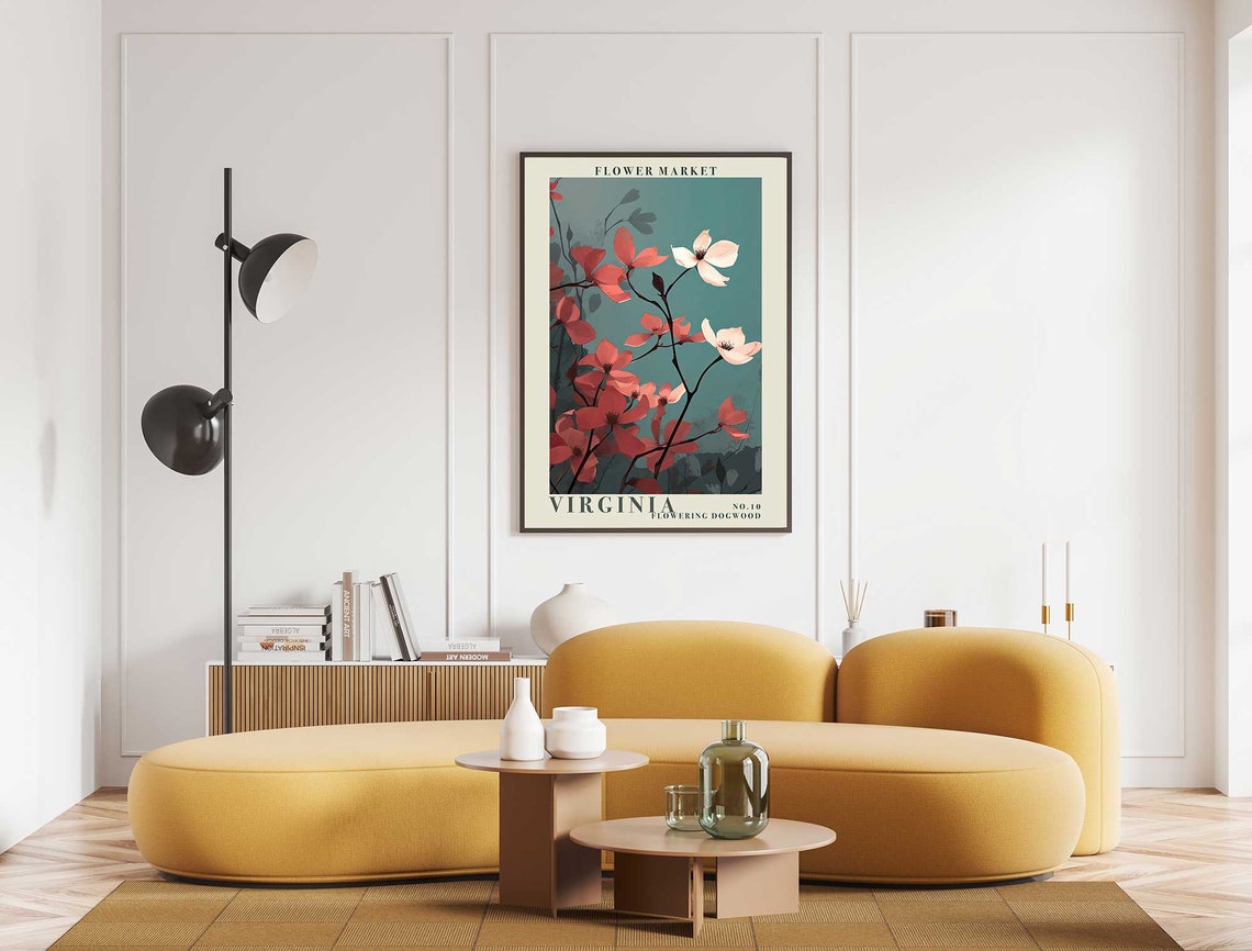 Virginia Flowering Dogwood Coral Blossoms Teal Botanical Poster - Image 5