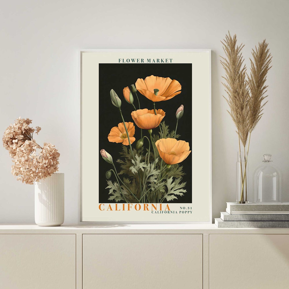 California Poppy Orange Blossoms on Black Botanical Flower Poster