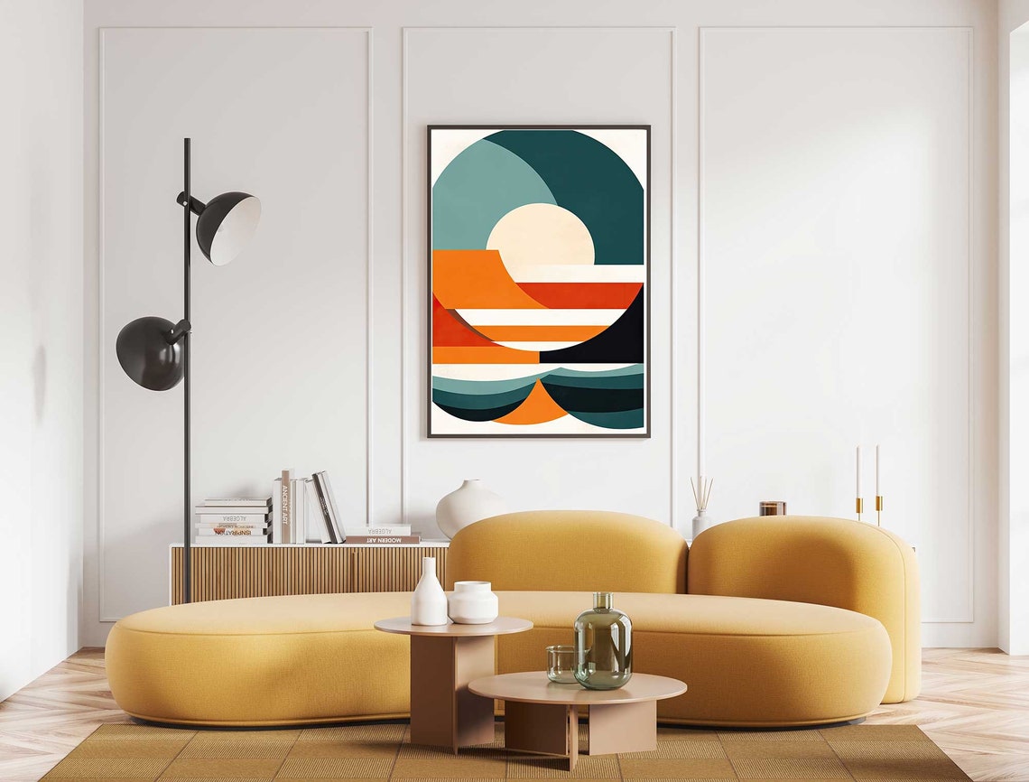 Mid Century Modern Ocean Sunset Abstract Geometric Waves Poster - Image 4
