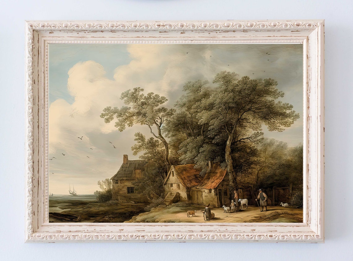 Antique Dutch Countryside Cottages by Water Landscape Oil Poster