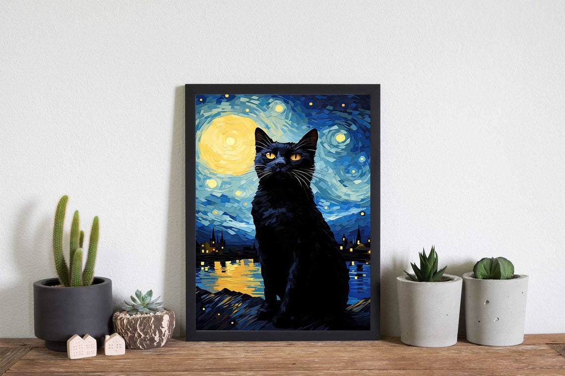 Black Cat Silhouette Under Giant Moon Starry Mosaic Night Poster - Image 4