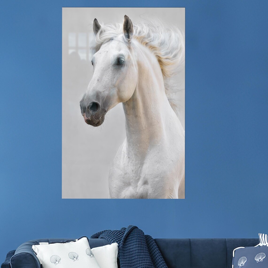 Majestic White Horse Portrait Flowing Mane Modern Glass Print