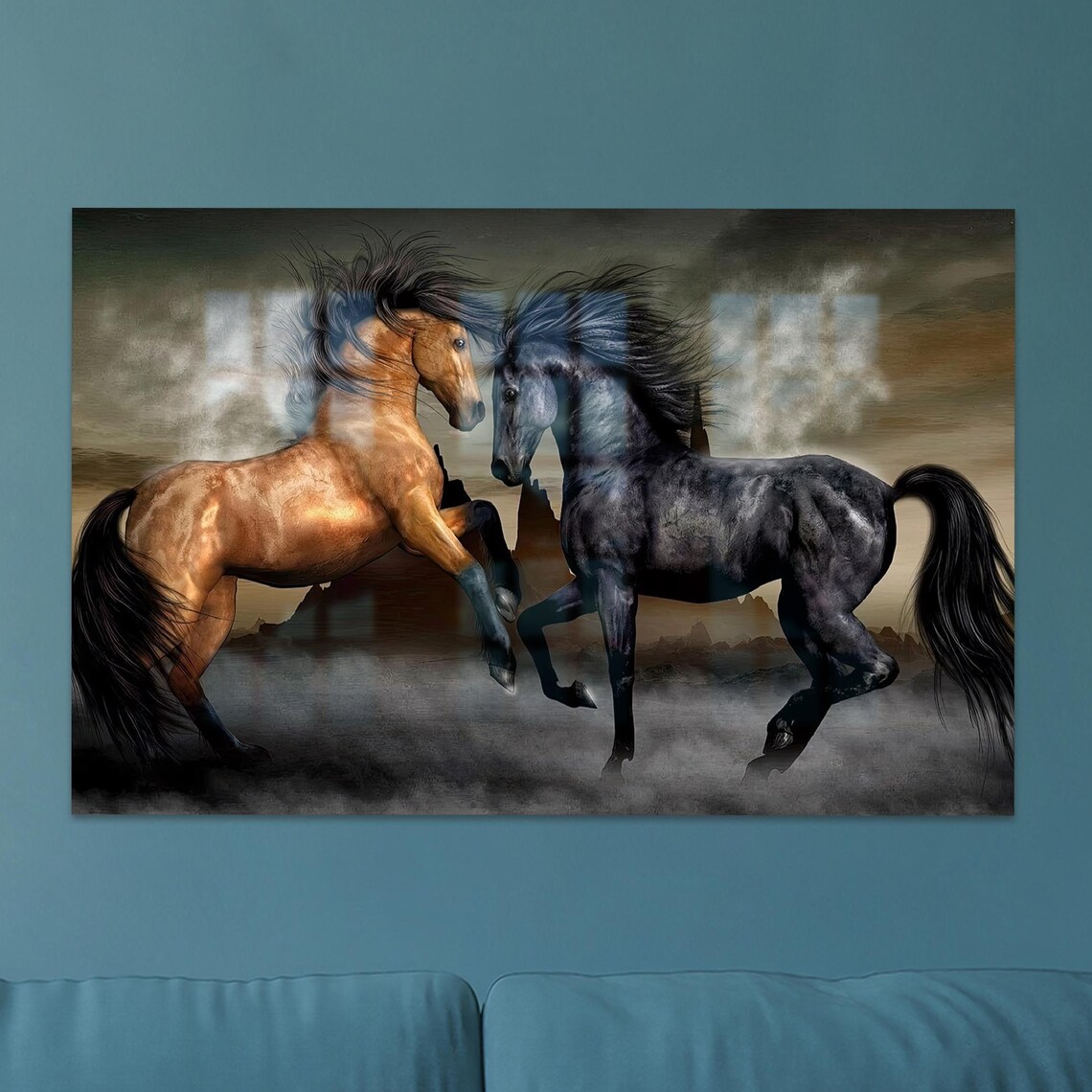 Two Wild Horses Chestnut Black Stallions Dramatic Mist Equine Art Poster