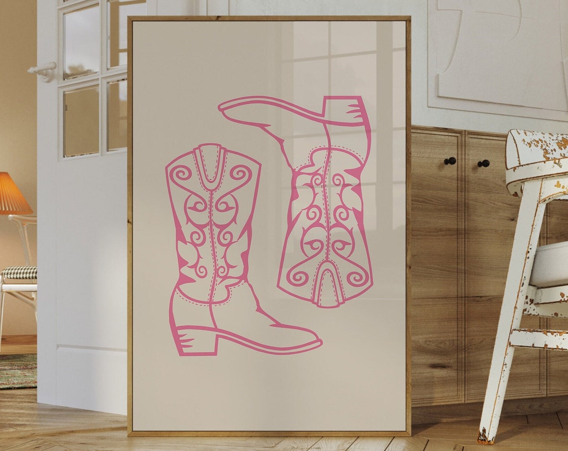 Coastal Cowgirl Boots Print Minimalist Southern Wall Art Girly Pink Poster Vintage Western Cowgirl Art Cute Apartment Print