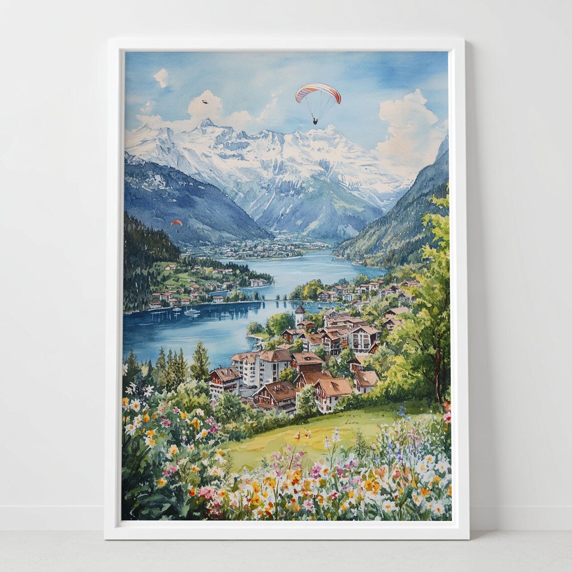 Interlaken Switzerland Watercolor Art Print, Swiss Alps