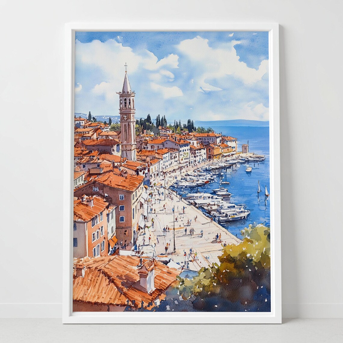 Piran Slovenia Adriatic Coastal Harbor Old Town Watercolor Travel Poster