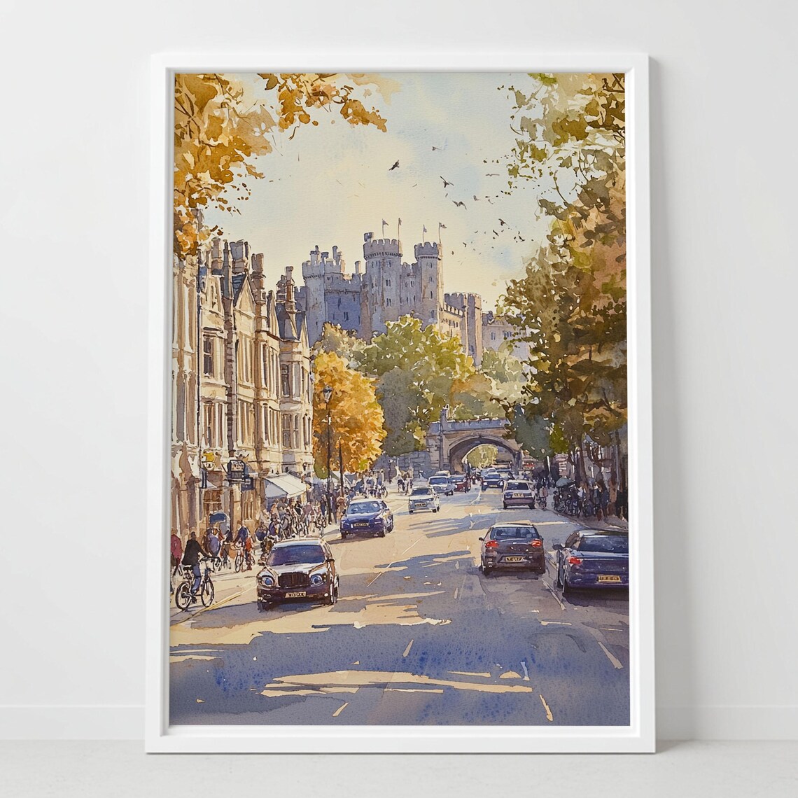 Windsor Castle England Busy Street Autumn Royal Landmark Watercolor Poster