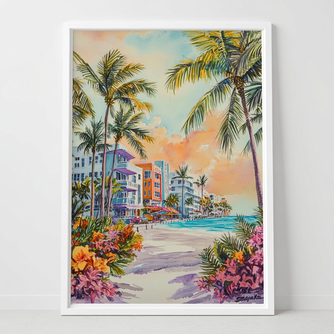 Miami Ocean Drive Art Deco Beach Watercolor Florida Travel Poster