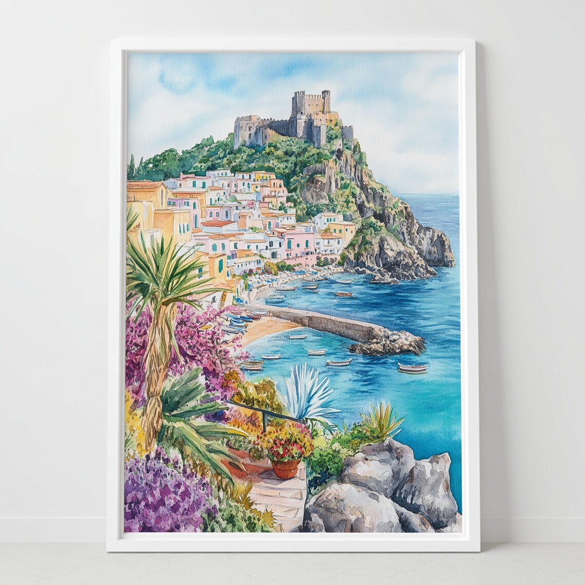 Ischia Italy Coastal Town Castle Cliff Mediterranean Watercolor Poster