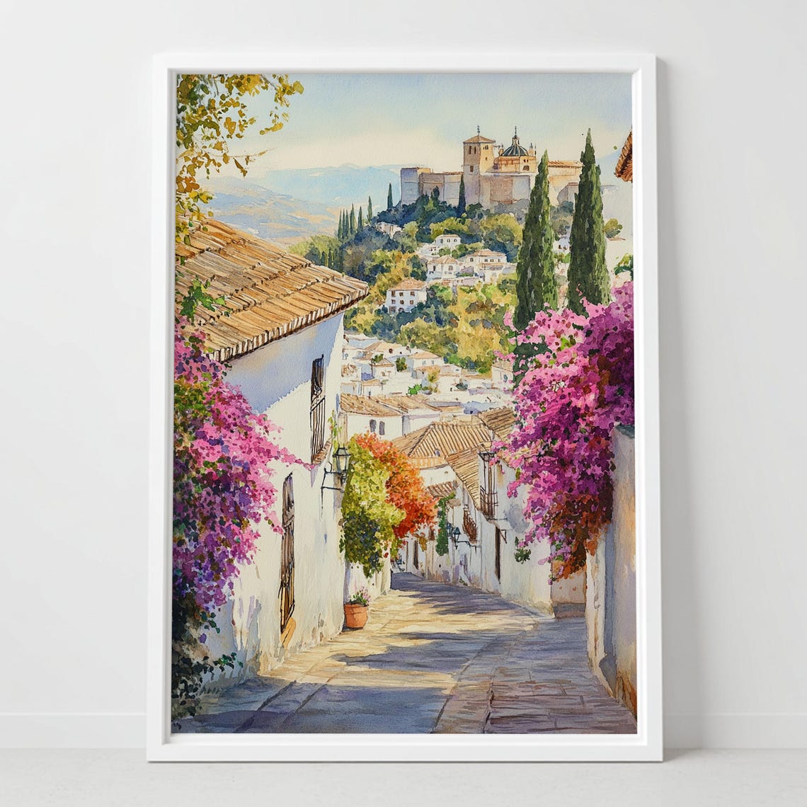 Granada Spain Alhambra Palace Bougainvillea Lane Watercolor Art Poster
