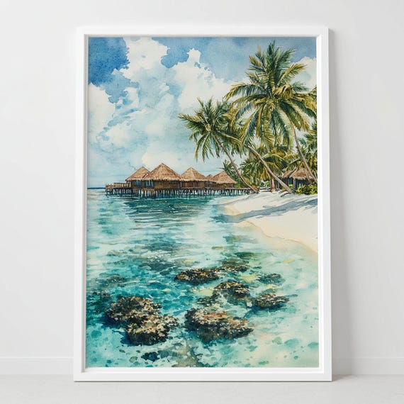 Maldives Watercolor Print Tropical Island Wall Art