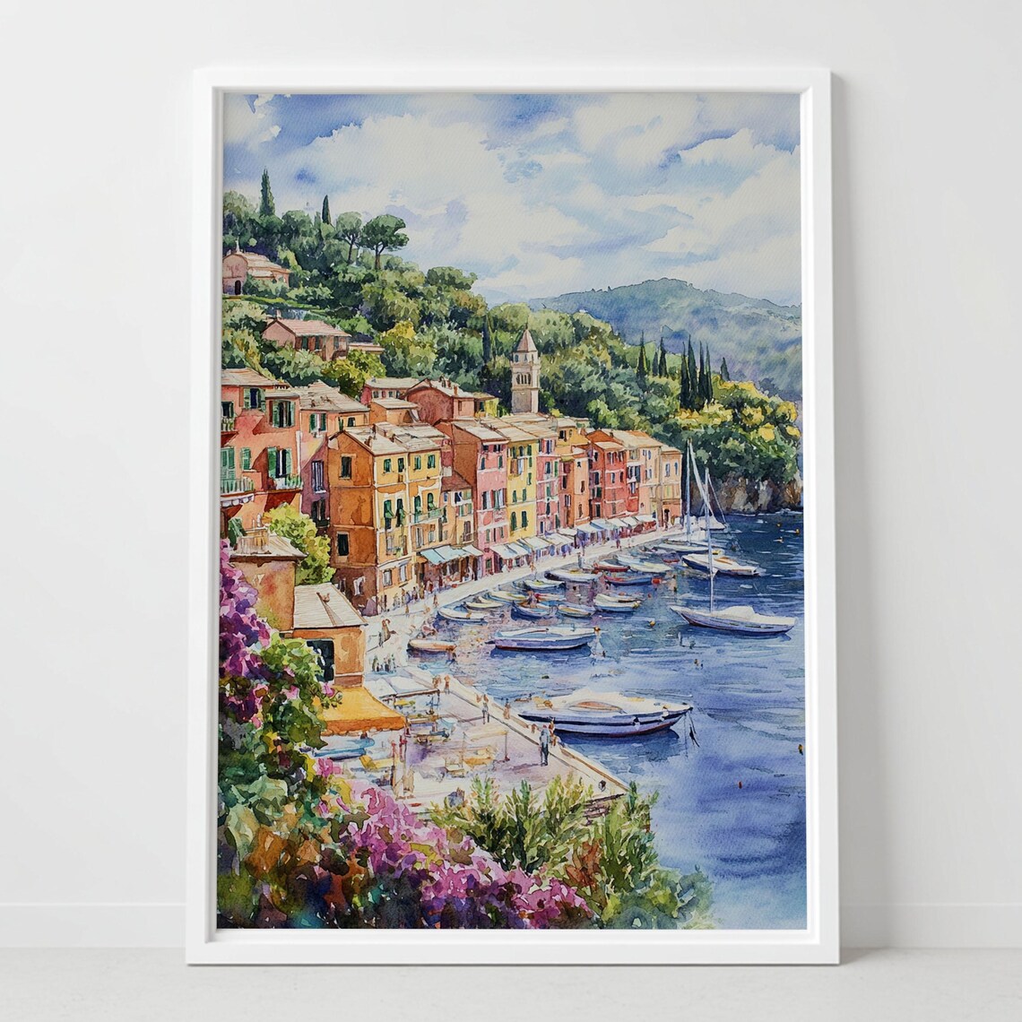 Portofino Italy Harbor Colorful Houses Watercolor Scene Poster