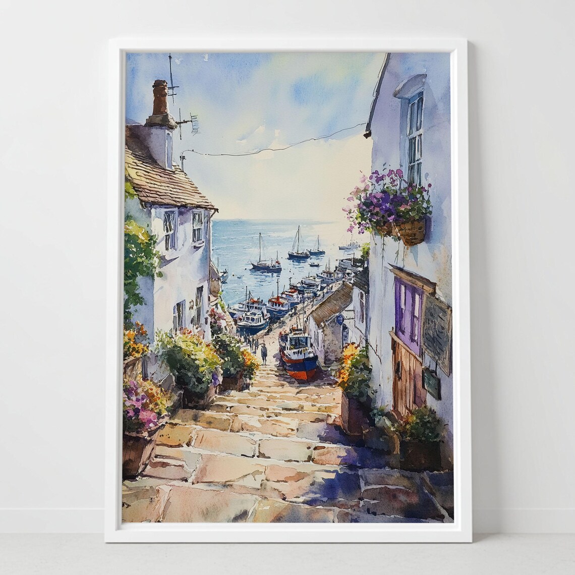 Seaside Fishing Village Stone Steps Harbor Boats Watercolor Poster