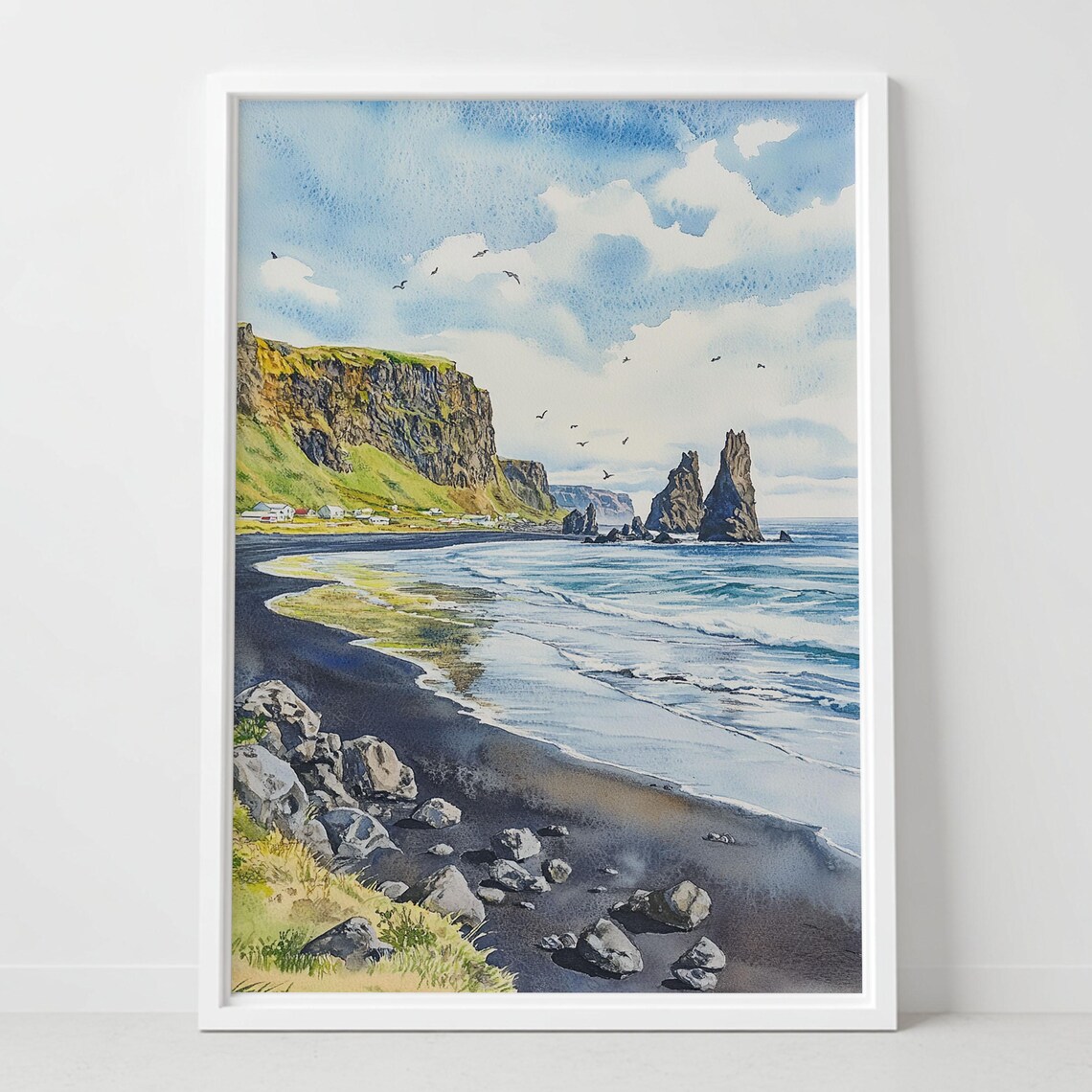 Vik Iceland Black Sand Beach Watercolor Nordic Coastal Poster