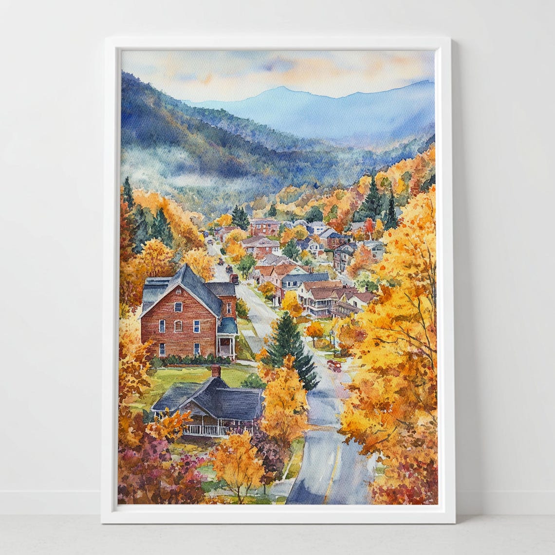 Autumn Mountain Town Watercolor Fall Village Hillside Poster