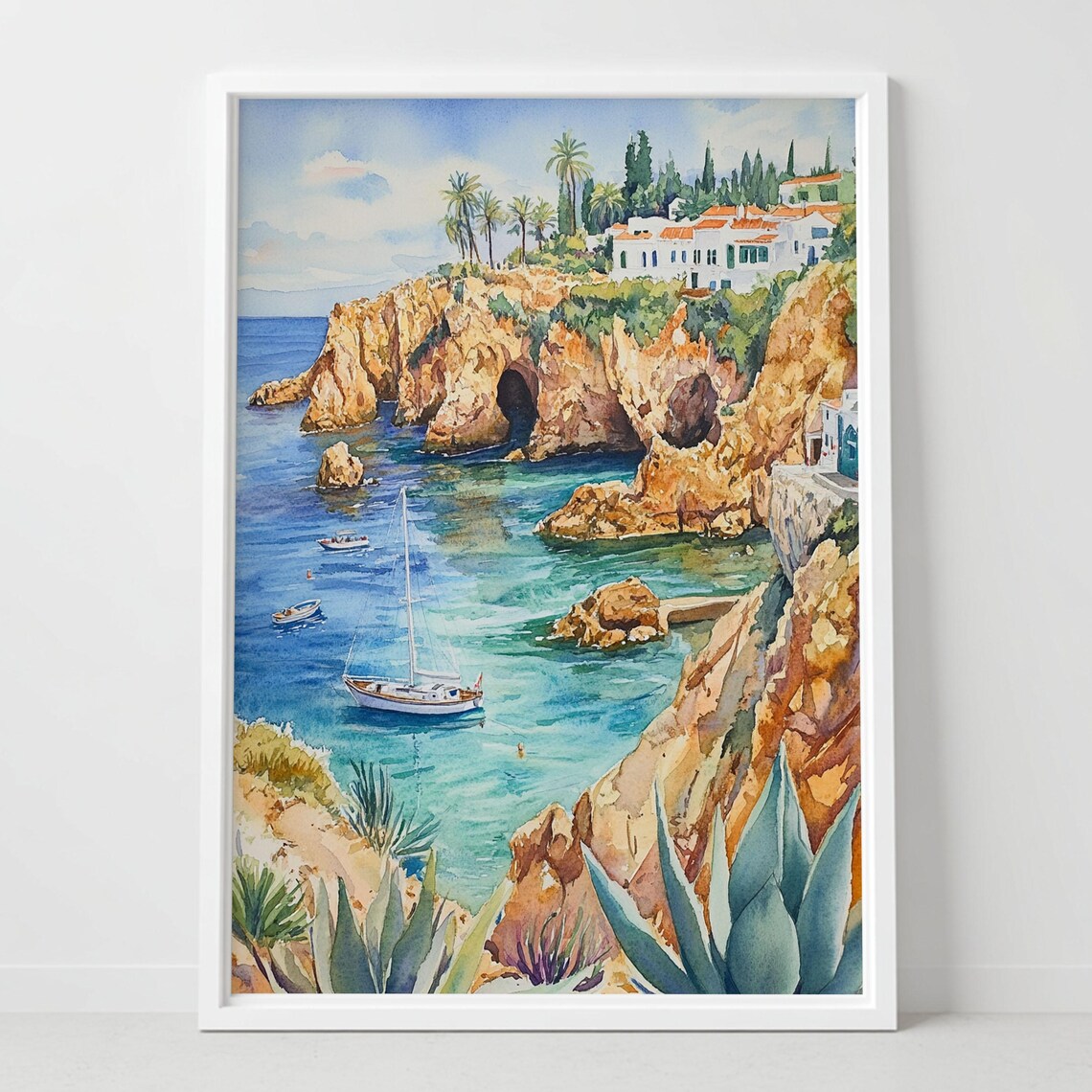 Lagos Portugal Seaside Cliffs Watercolor Poster Sailboats Turquoise Sea
