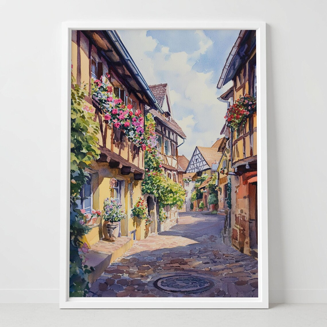 Eguisheim France Half Timbered Village Street Alsace Watercolor Poster